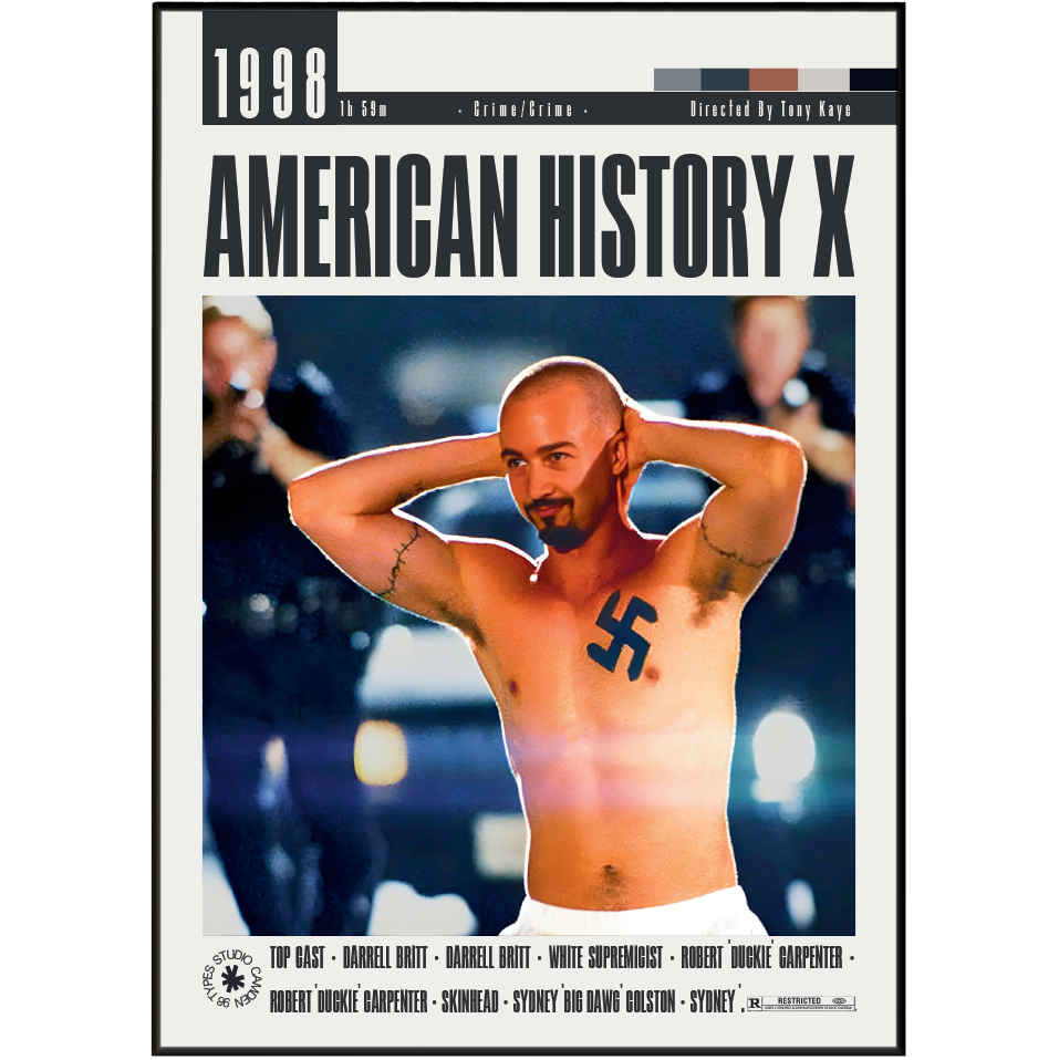 The front cover of the 1998 film 'American History X' DVD, featuring a central portrait of the main character with a swastika symbol on his chest, framed by a black border with cast names and release details.