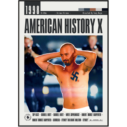 The front cover of the 1998 film 'American History X' DVD, featuring a central portrait of the main character with a swastika symbol on his chest, framed by a black border with cast names and release details.