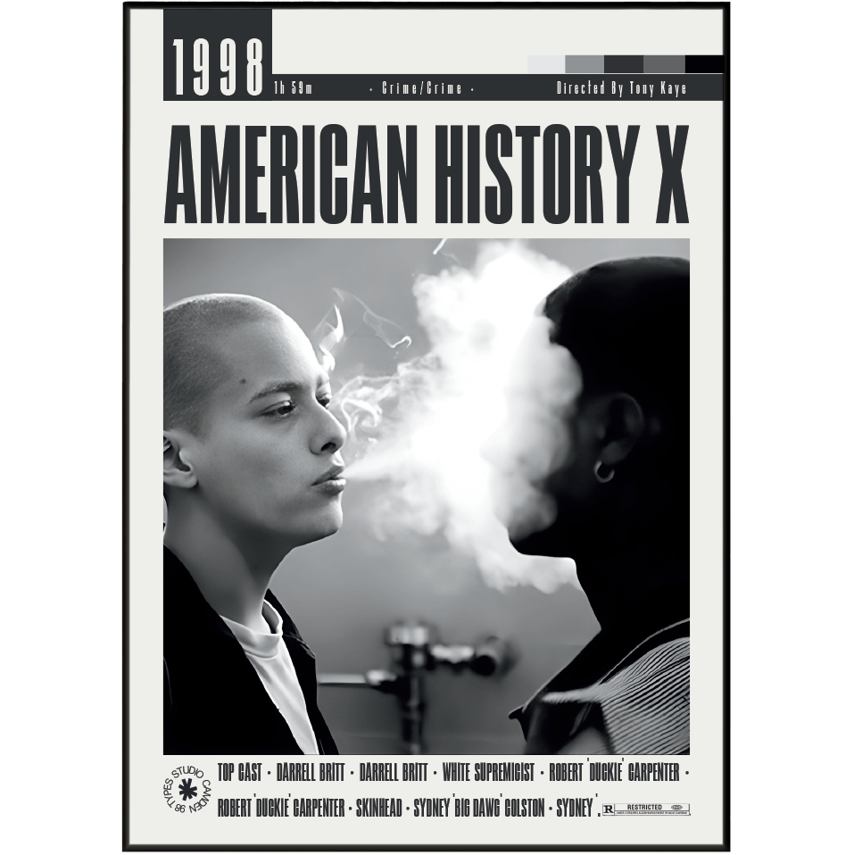 A black and white movie poster for the 1998 film 'American History X' featuring two men facing each other with smoke between them. The title 'AMERICAN HISTORY X' is printed in large bold letters at the top, with the year '1998' at the upper left.