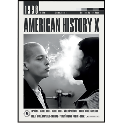 A black and white movie poster for the 1998 film 'American History X' featuring two men facing each other with smoke between them. The title 'AMERICAN HISTORY X' is printed in large bold letters at the top, with the year '1998' at the upper left.