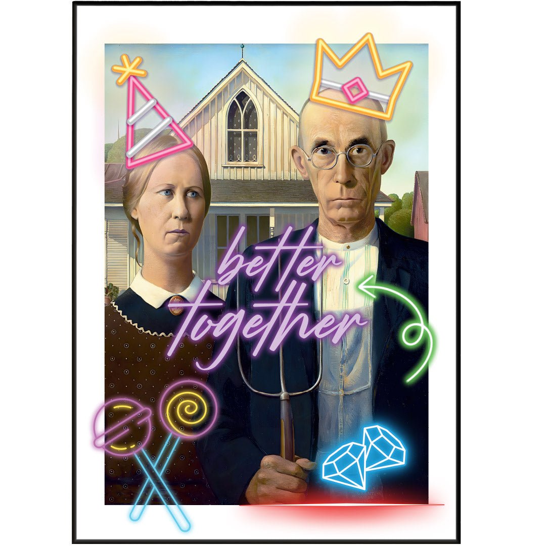 American Gothic neon art poster — Grant Wood 1930 painting neon pop art wall decoration UK