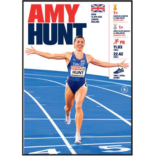 A framed poster celebrating athlete Amy Hunt, showing her mid-stride on a blue athletics track with arms outstretched. Large text reads 'AMY HUNT' in red and navy, with race results and a Union Jack flag at the top.