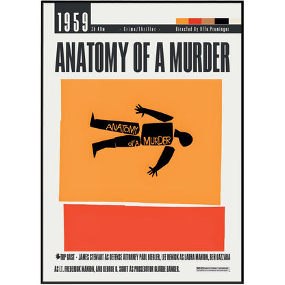 A movie poster for the 1959 film 'Anatomy of a Murder' featuring a minimalist graphic design with a black silhouette of a person on an orange square, set against a cream background with black text.