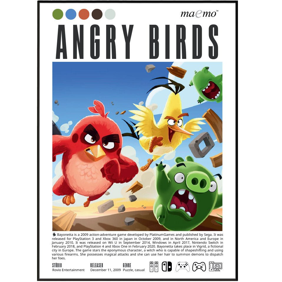 Angry Birds 2009 game poster — Rovio Red Chuck Bomb Bird slingshot mobile wall art print UK
 - 98types
