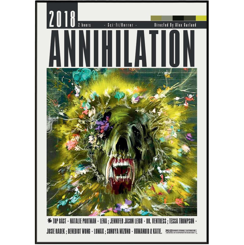 Annihilation 2018 movie poster featuring a stylized green bear head with a glowing yellow aura and colorful paint-like splatters, with the title 'ANNIHILATION' in large black letters at the top.