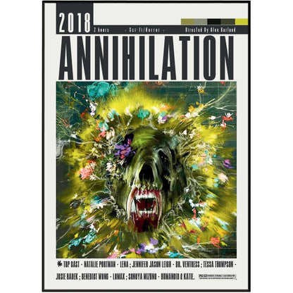 Annihilation 2018 movie poster featuring a stylized green bear head with a glowing yellow aura and colorful paint-like splatters, with the title 'ANNIHILATION' in large black letters at the top.