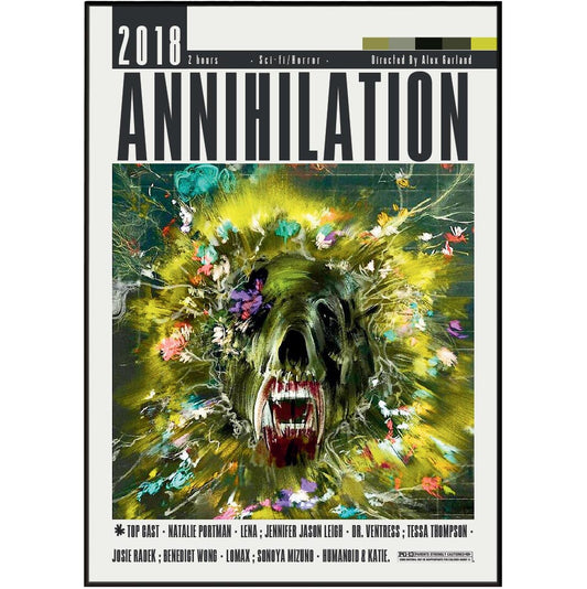Annihilation 2018 movie poster featuring a stylized green bear head with a glowing yellow aura and colorful paint-like splatters, with the title 'ANNIHILATION' in large black letters at the top.