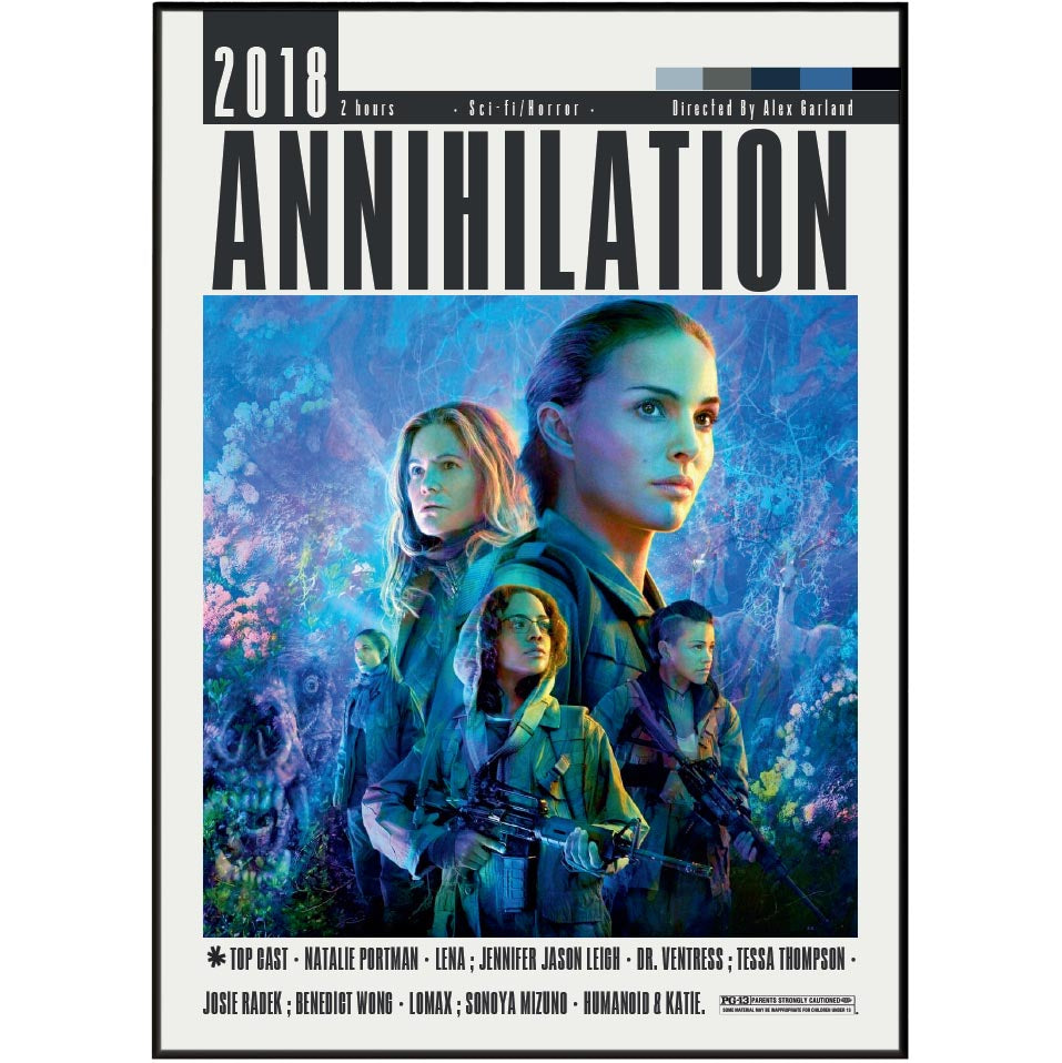 Annihilation (2018) movie poster with the title in large black letters, a blue-purple sci-fi forest scene, and cast names including Natalie Portman, Jennifer Jason Lewis, and Jessica Thompson.