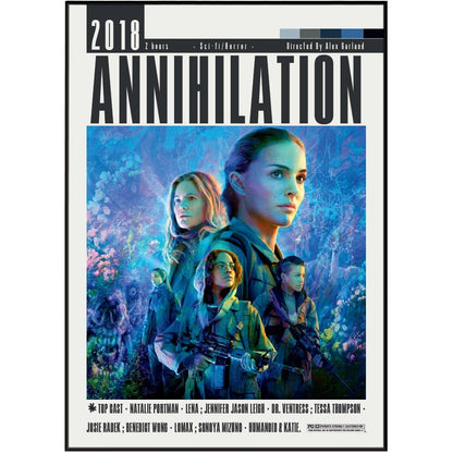 Annihilation (2018) movie poster with the title in large black letters, a blue-purple sci-fi forest scene, and cast names including Natalie Portman, Jennifer Jason Lewis, and Jessica Thompson.