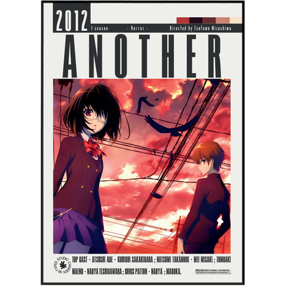 The front cover of the 2012 anime television series 'Another', featuring a dramatic illustration of two characters against a fiery pink and orange sky with power lines.