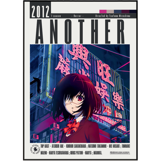 An anime poster or cover-style artwork for "ANOTHER 2012" featuring a stylized illustrated character in a red outfit against a neon-lit city scene with pink signage.