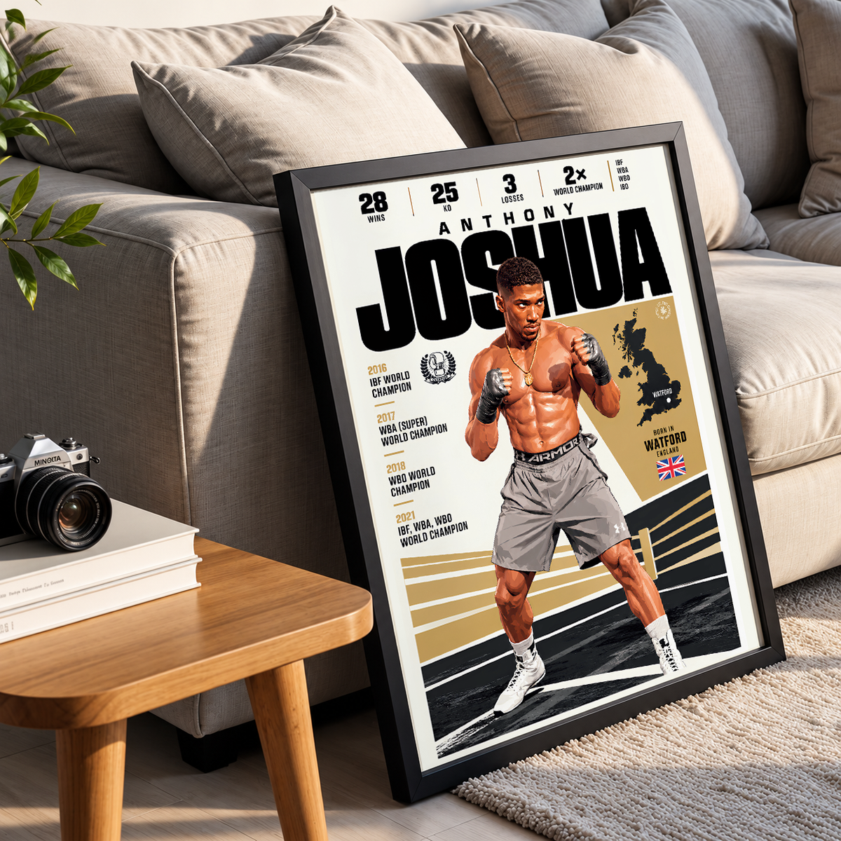 Anthony Joshua poster, British boxing wall art print in a bedroom - 98types