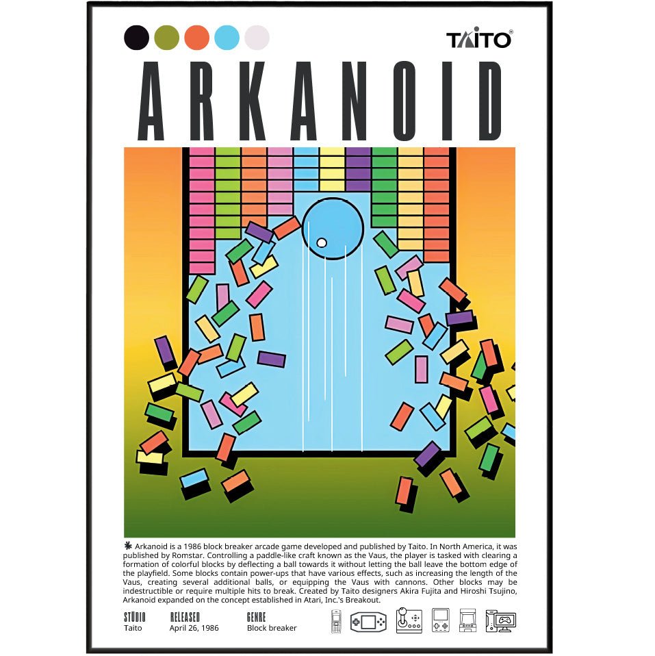 Arkanoid 1986 retro arcade game poster — Taito Vaus paddle bricks arcade wall art print UK
 - 98types