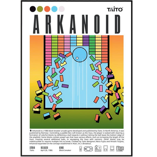 Arkanoid 1986 retro arcade game poster — Taito Vaus paddle bricks arcade wall art print UK
 - 98types