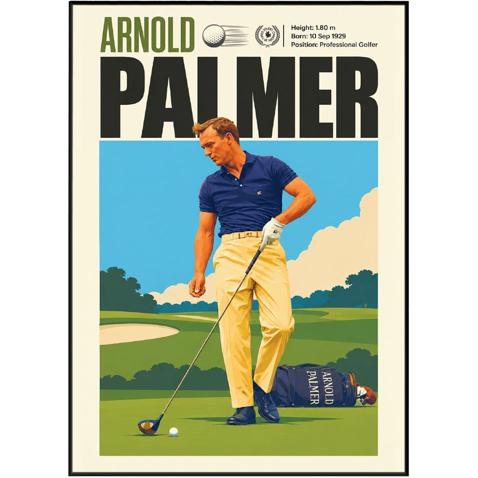 A retro-style golf poster featuring Arnold Palmer with a vintage illustration of him on a golf course. The poster has a cream background with a thin black border and includes biographical text at the top: 'Arnold Palmer', height, birth date, and professional golfer status.