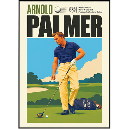 A retro-style golf poster featuring Arnold Palmer with a vintage illustration of him on a golf course. The poster has a cream background with a thin black border and includes biographical text at the top: 'Arnold Palmer', height, birth date, and professional golfer status.