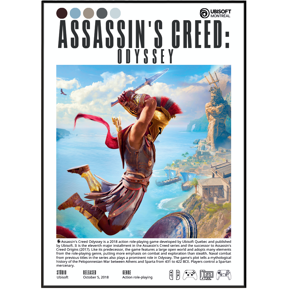 Front cover of the board game Assassin's Creed: Odyssey, showing a central illustrated scene of a warrior leaping over water with a sword, plus the Ubisoft logo and product title at the top.