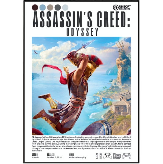 Front cover of the board game Assassin's Creed: Odyssey, showing a central illustrated scene of a warrior leaping over water with a sword, plus the Ubisoft logo and product title at the top.