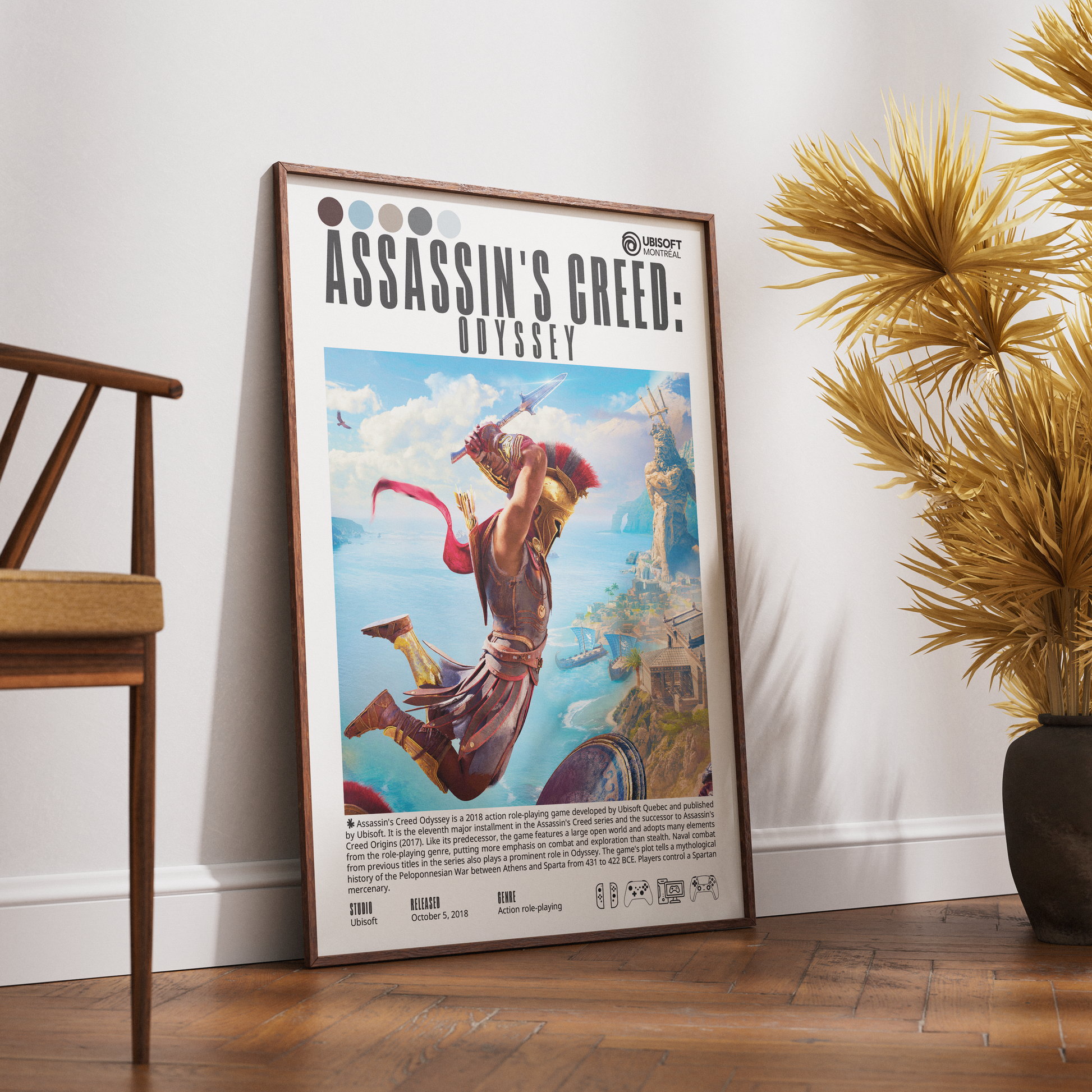 A framed Assassin's Creed: Odyssey art print leaning against a white wall on a wooden floor, with a wooden chair on the left and a potted palm on the right.