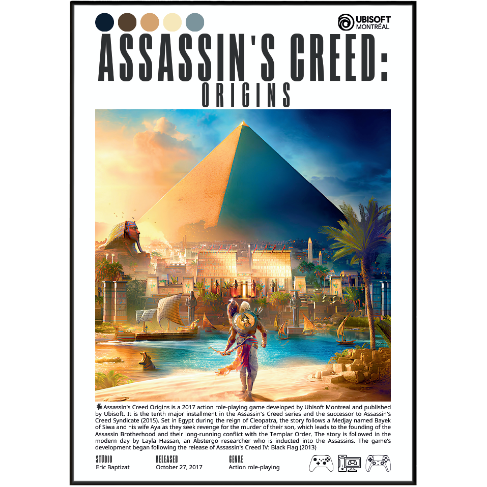 Front cover of the board game Assassin's Creed: Origins, showing a central illustrated scene with a pyramid, ancient city ruins, and a female figure in a flowing dress. The top includes the Ubisoft Montreal logo and the title 'ASSASSIN'S CREED: ORIGINS' in large text.