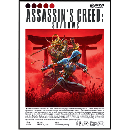 Front cover of the Assassin's Creed: Shadows board game, featuring a red illustrated scene with a samurai and a cloaked figure, plus Ubisoft Montreal branding and game info at the bottom.