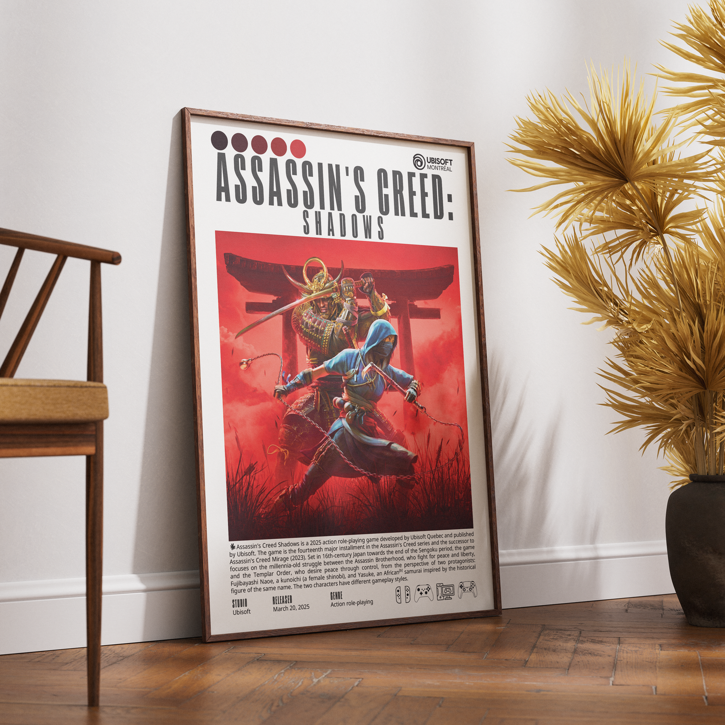 A framed Assassin's Creed: Shadows poster leaning against a white wall on a wooden floor, with a wooden chair on the left and a potted palm on the right.