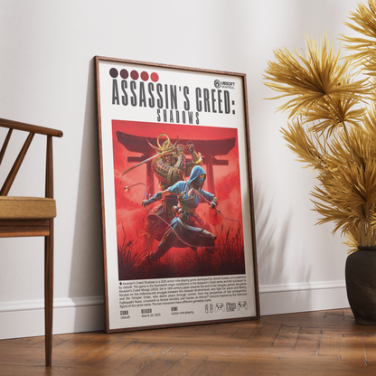 A framed Assassin's Creed: Shadows poster leaning against a white wall on a wooden floor, with a wooden chair on the left and a potted palm on the right.