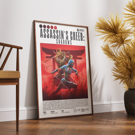 A framed Assassin's Creed: Shadows poster leaning against a white wall on a wooden floor, with a wooden chair on the left and a potted palm on the right.