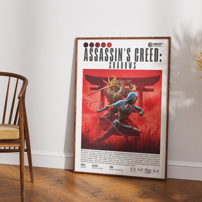 A framed Assassin's Creed: Shadows poster leaning against a white wall on a wooden floor, with part of a wooden chair visible on the left.