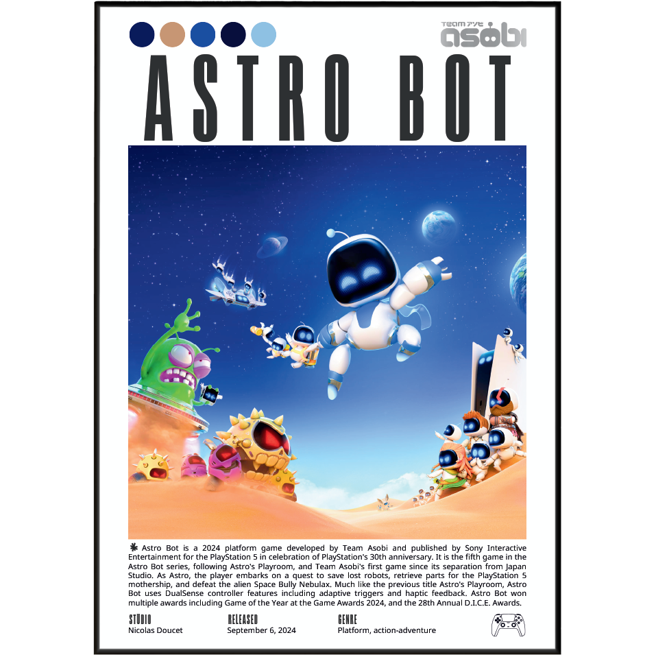 Front cover of the board game Astro Bot, featuring a colorful illustration of a space-themed playset with a blue starry sky, green planet, white robot, and small toy figures. The top displays the Asobi logo and the game title ASTROBOT in large black letters.