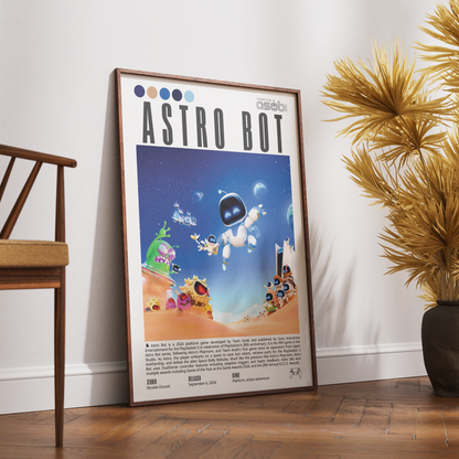 A framed retro-style poster leaning against a white wall on a wooden floor, next to a wooden chair and a potted palm. The poster features the title 'ASTRO BOT' and colorful sci-fi artwork with a blue sky, floating robot, and small characters.