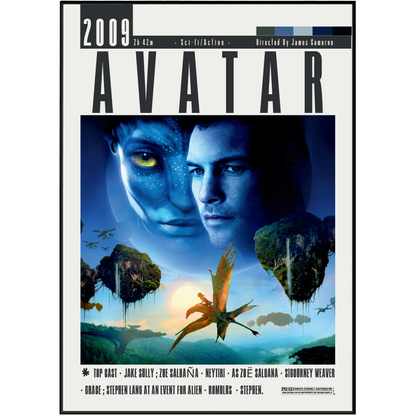 The official movie poster for the 2009 film Avatar, featuring the title in large black letters at the top, a split portrait of the blue-skinned Avatar and Jake Gyllenhaal, floating islands, and a flying pterosaur in a blue and green sci-fi landscape.