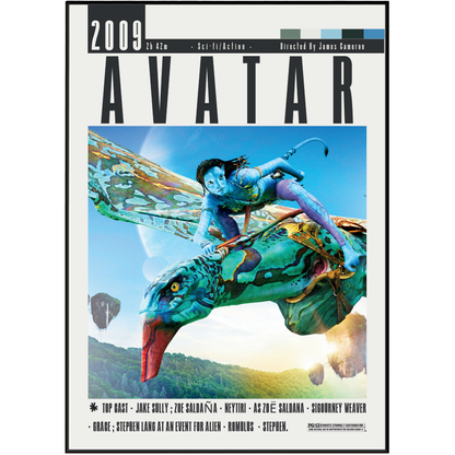 A movie poster for Avatar 2009, featuring the title 'AVATAR' in large black letters above a central illustration of a blue-skinned rider on a teal and red bird-like creature flying through a blue sky with planets in the background.