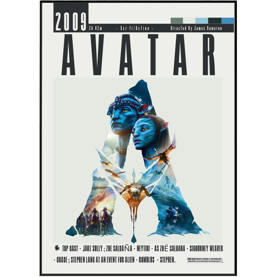 A movie poster for the 2009 film Avatar, featuring the title in large black letters at the top and a central collage of blue-skinned characters and landscape imagery on an off-white background.