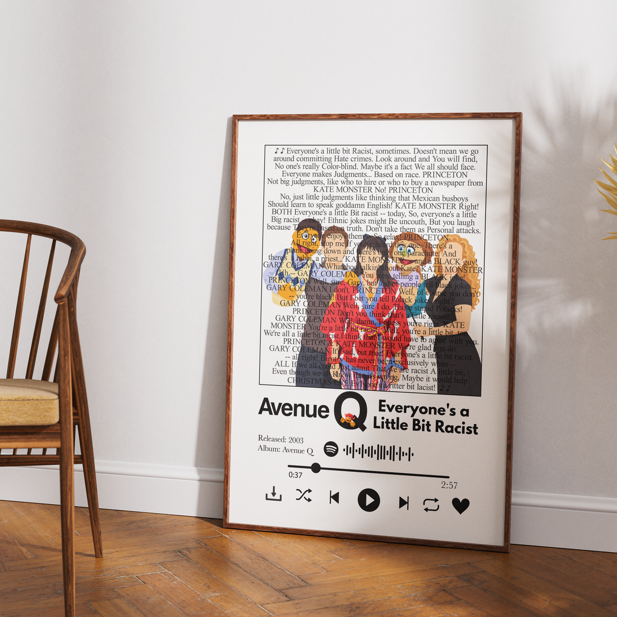 Avenue Q Everyone's a Little Bit Racist song lyric print wall art by 98types
