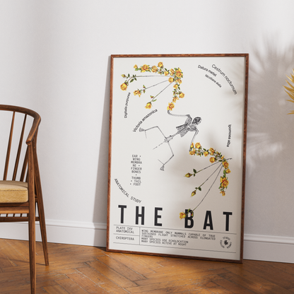 Vintage bat dark academia natural history print UK — Chiroptera botanical archive wall art 260gsm printed in England Camden Market
