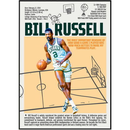 Bill Russell basketball poster — 11x NBA champion Boston Celtics legend minimalist wall art print UK