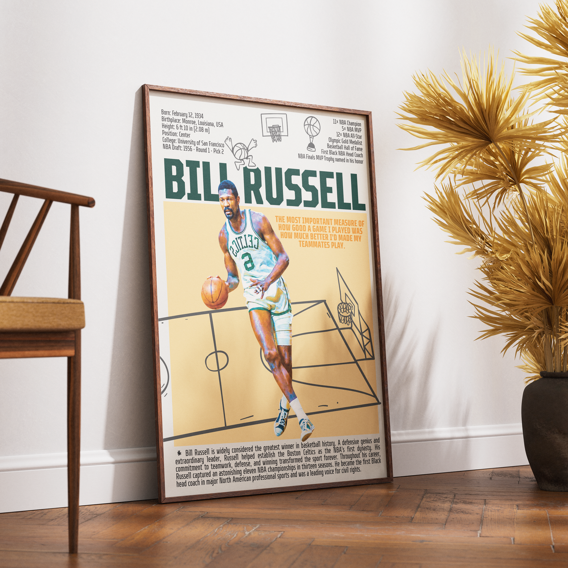 Bill Russell basketball poster — 11x NBA champion Boston Celtics legend minimalist wall art print UK