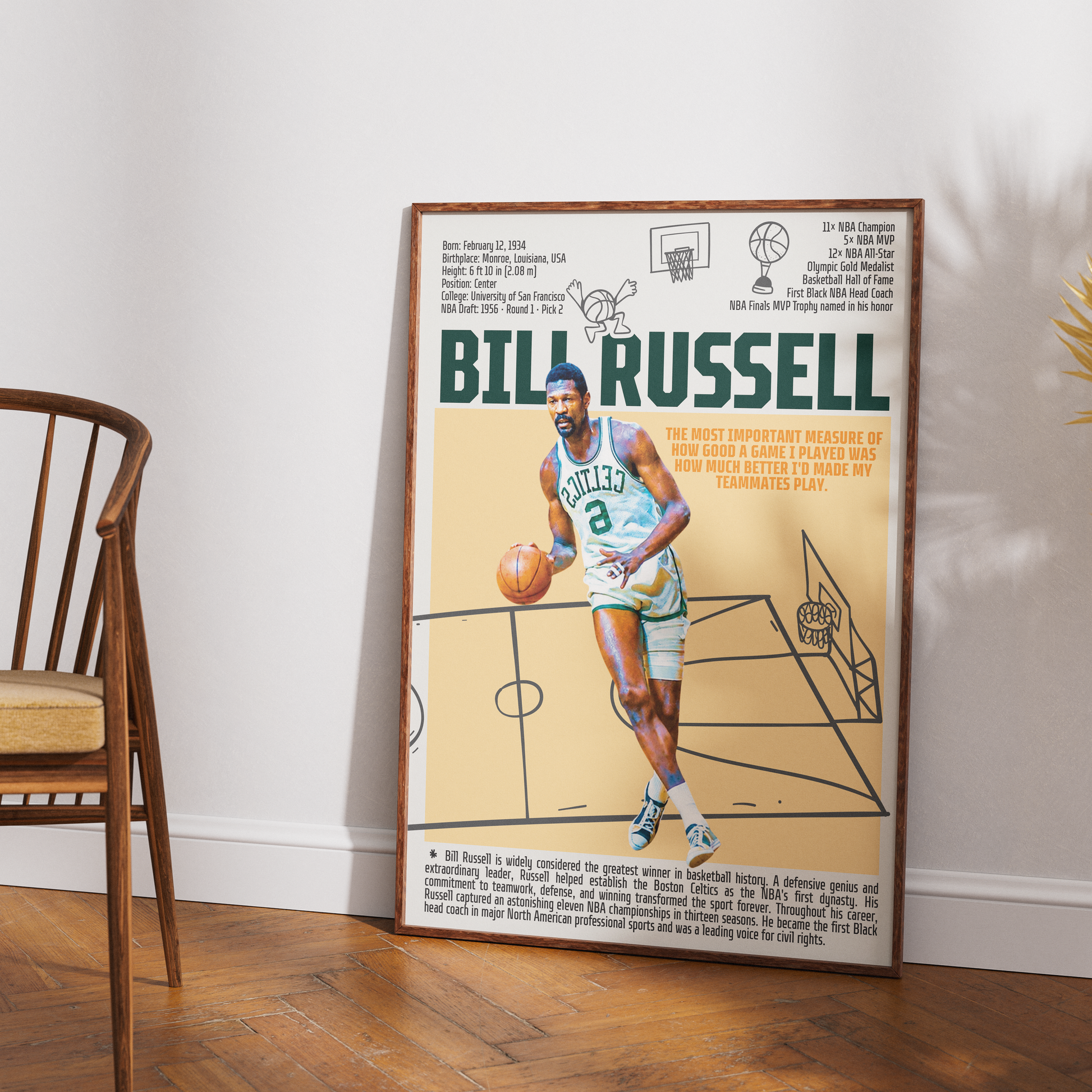 Bill Russell basketball poster — 11x NBA champion Boston Celtics legend minimalist wall art print UK