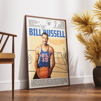 Bill Russell basketball poster — 11x NBA champion Boston Celtics legend minimalist wall art print UK