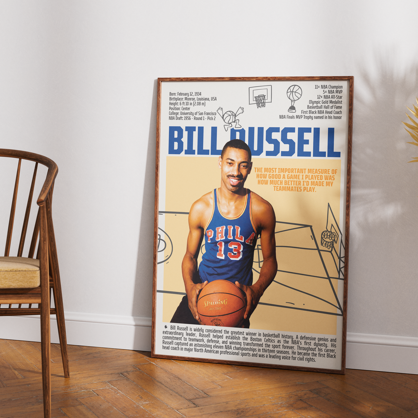 Bill Russell basketball poster — 11x NBA champion Boston Celtics legend minimalist wall art print UK