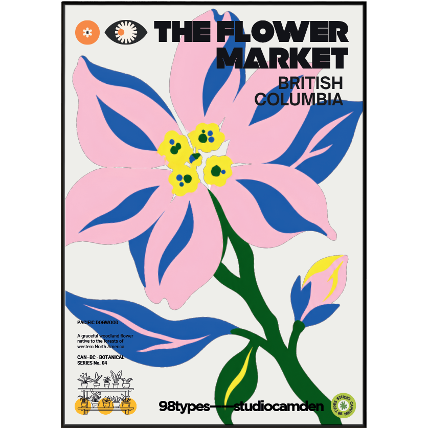 The Flower Market British Columbia Pacific Dogwood botanical poster print UK — provincial flower graphic wall art 260gsm printed in England Camden Market