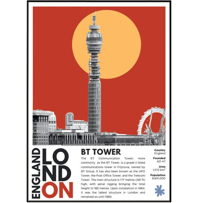 BT Tower London illustration poster — Fitzrovia telecommunications tower skyline wall art print UK
