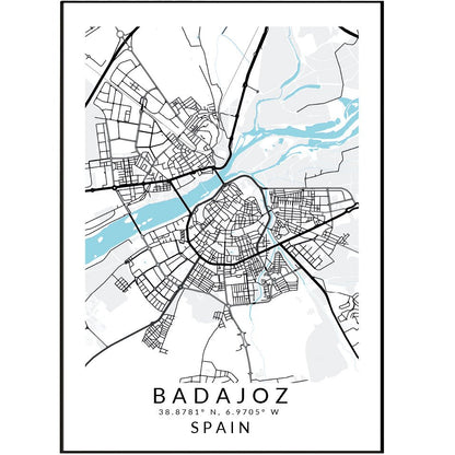 Badajoz Map Print | Spain Street Map Wall Art UK