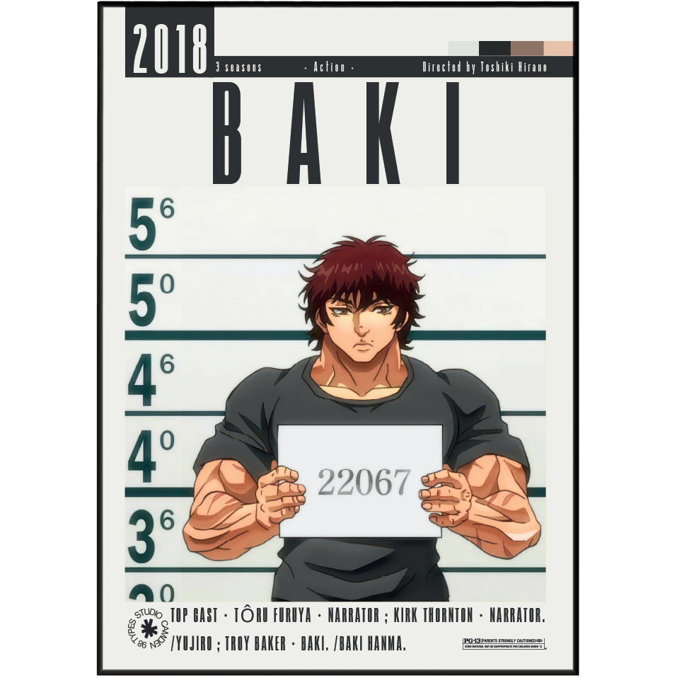 A vertical anime poster featuring the character Baki from Attack on Titan, shown holding a placard with the number 22067 against a height-staging-style background with large 'BAKI' text and '2018' at the top.