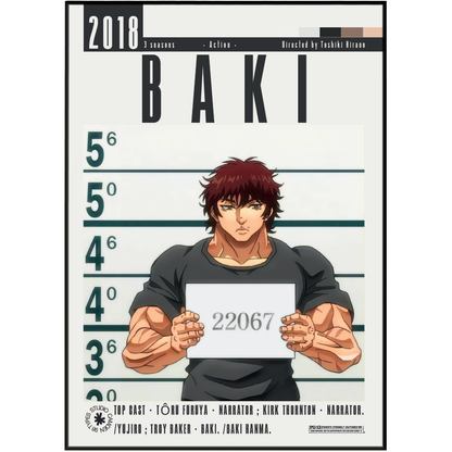 A vertical anime poster featuring the character Baki from Attack on Titan, shown holding a placard with the number 22067 against a height-staging-style background with large 'BAKI' text and '2018' at the top.
