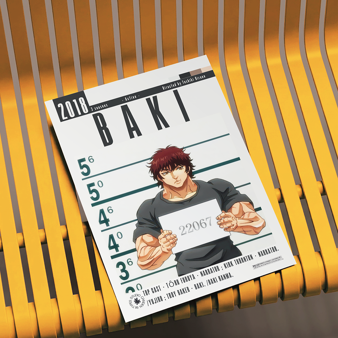 A printed poster or art print featuring an anime-style mugshot of Baki with the title 'BAKI' and height lines, photographed resting on a yellow slatted chair.