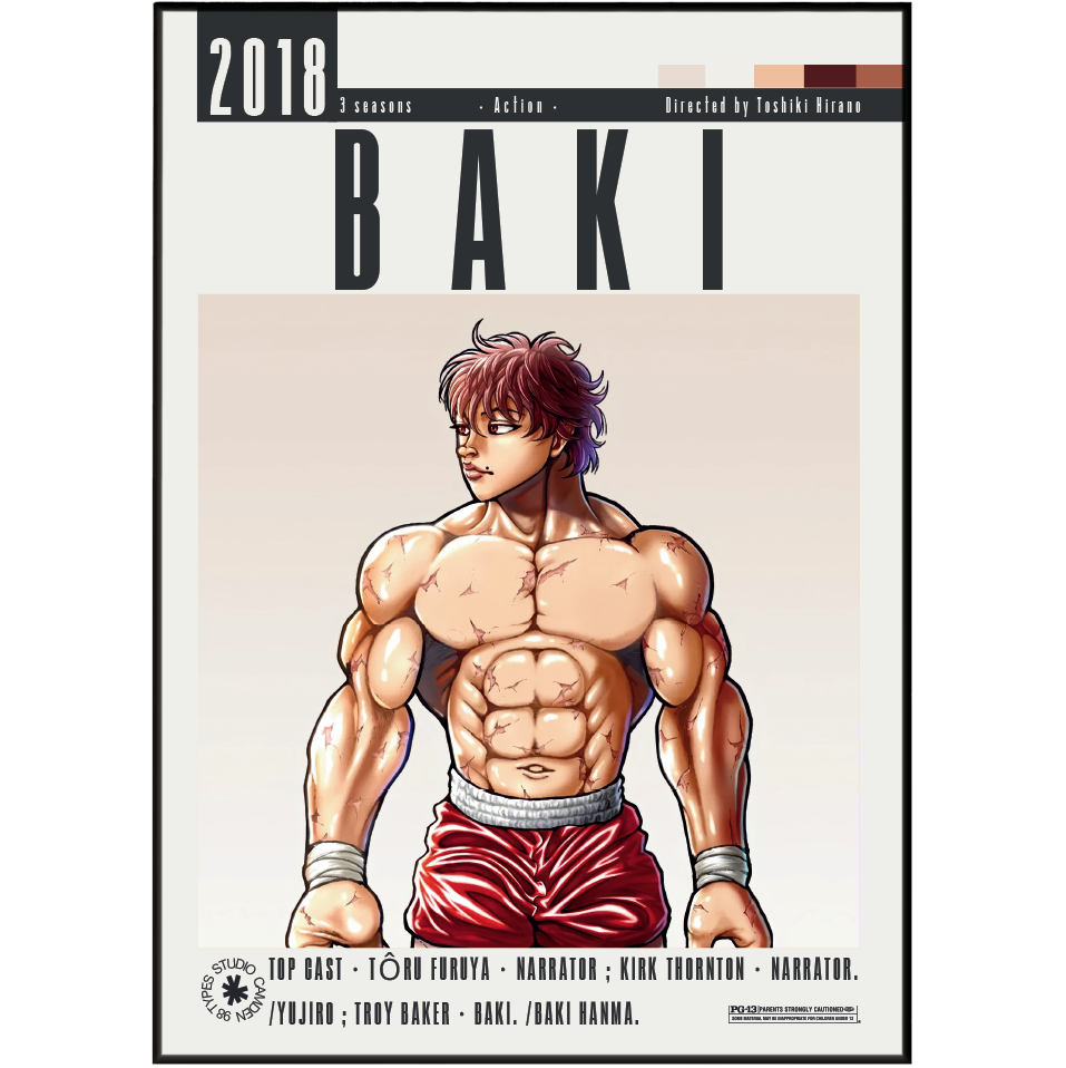 A vertical poster-style graphic for the anime series Baki, showing a muscular male character in red shorts centered on a light beige background, with large 'BAKI' text and '2018' at the top. The design includes black border lines and small text at the bottom with cast and production credits.