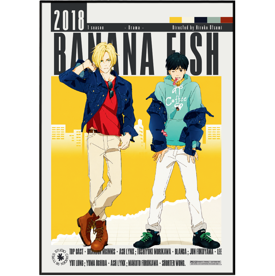 Promotional poster for the anime series '2018 Banana Fish' featuring two illustrated male characters standing against a yellow and off-white background with the title text 'BANANA FISH' and production credits.