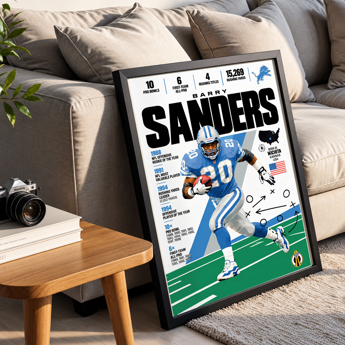 Barry Sanders poster, Detroit Lions NFL wall art print in a boy's bedroom - 98types